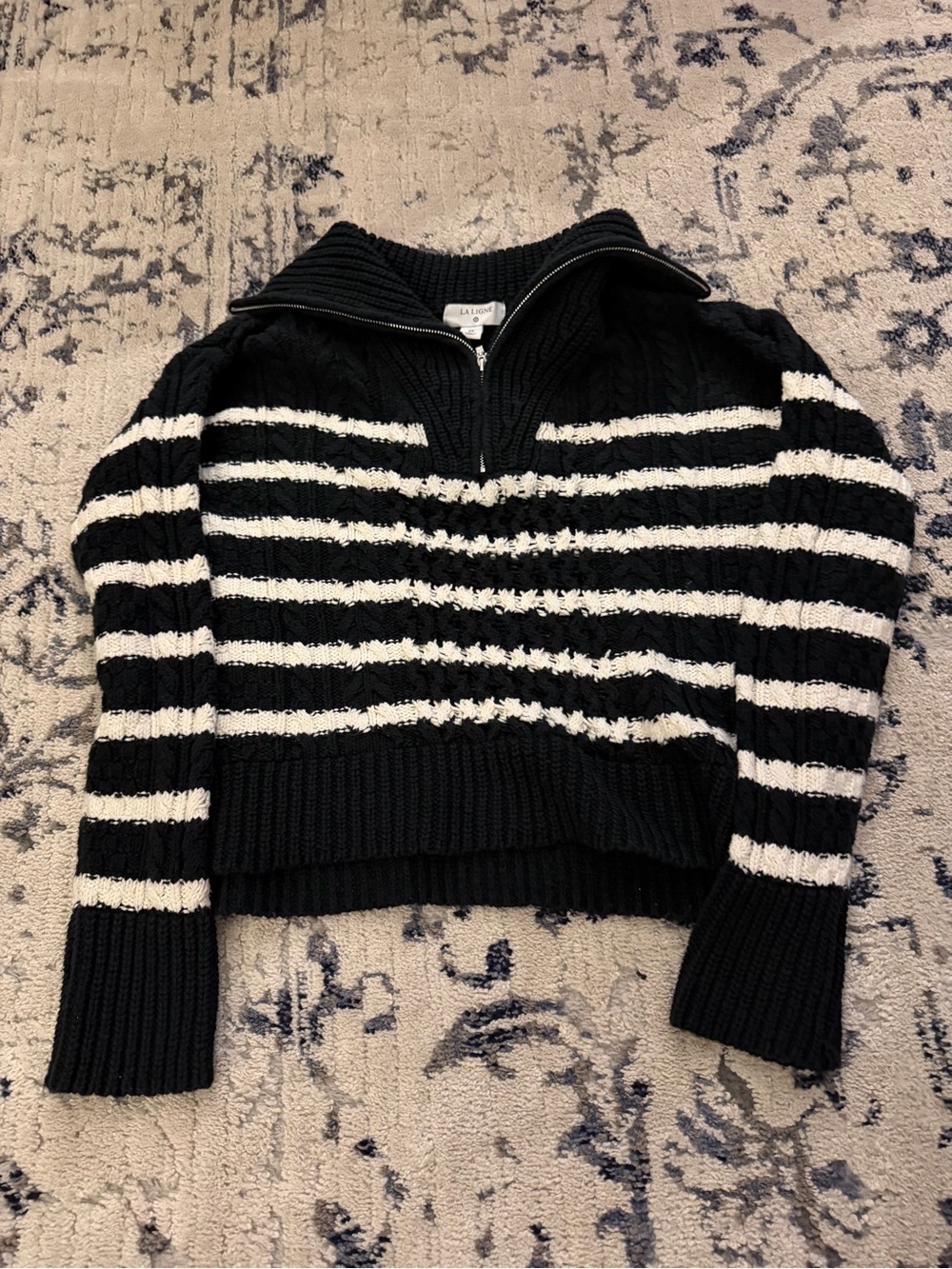 La Ligne Black/Navy and White Striped Half-Zip Turtleneck Sweater